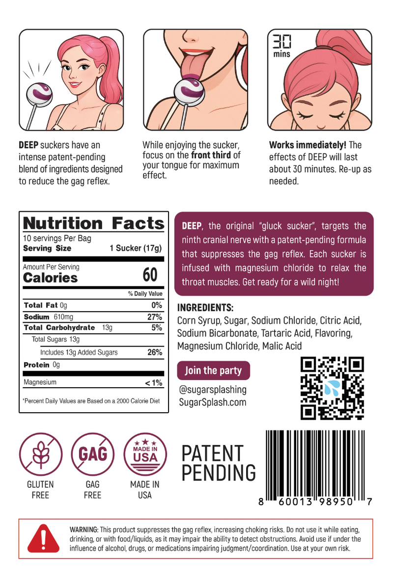 Sugar Splash Deep Sucker Nutrition Facts and Instructions Label